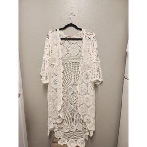 Boho Cream Crochet Lace Longline Cardigan Duster Open Front Coverup Festival
